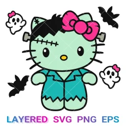 Hello Kitty Frankenstein Svg, Halloween Sanrio Png Transparent, Spooky Cricut, Silhouette, Clipart, Vector